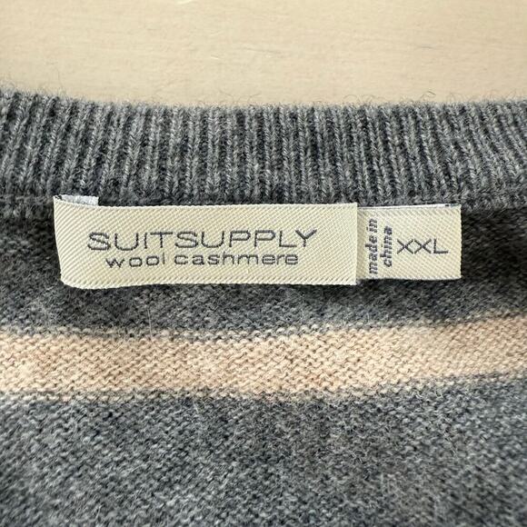 Suitsupply Wool Cashmere Striped Crewneck Pullover Sweater Gray Beige, Size XXL - Picture 3 of 8